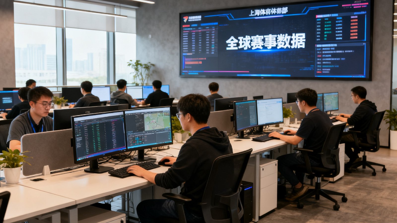 6686体育上海总部开放式办公区，数十位工程师在双屏工作站前专注工作，墙上大屏幕实时滚动全球赛事数据