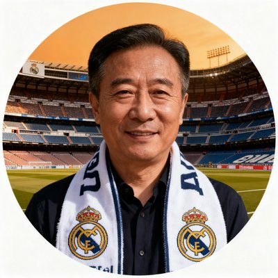 社区版主老周的圆形头像，戴着皇马围巾的中年男性，背景是伯纳乌球场